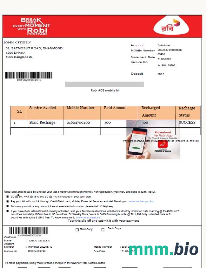 Bangladesz Robi Axiata Limited rachunek za media szablon w formacie Word i PDF